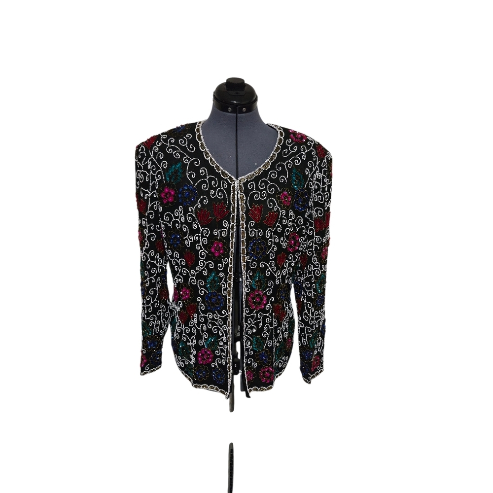 Vintage Niteline Hand Beaded Sequin Floral Open Front Evening Jacket Large